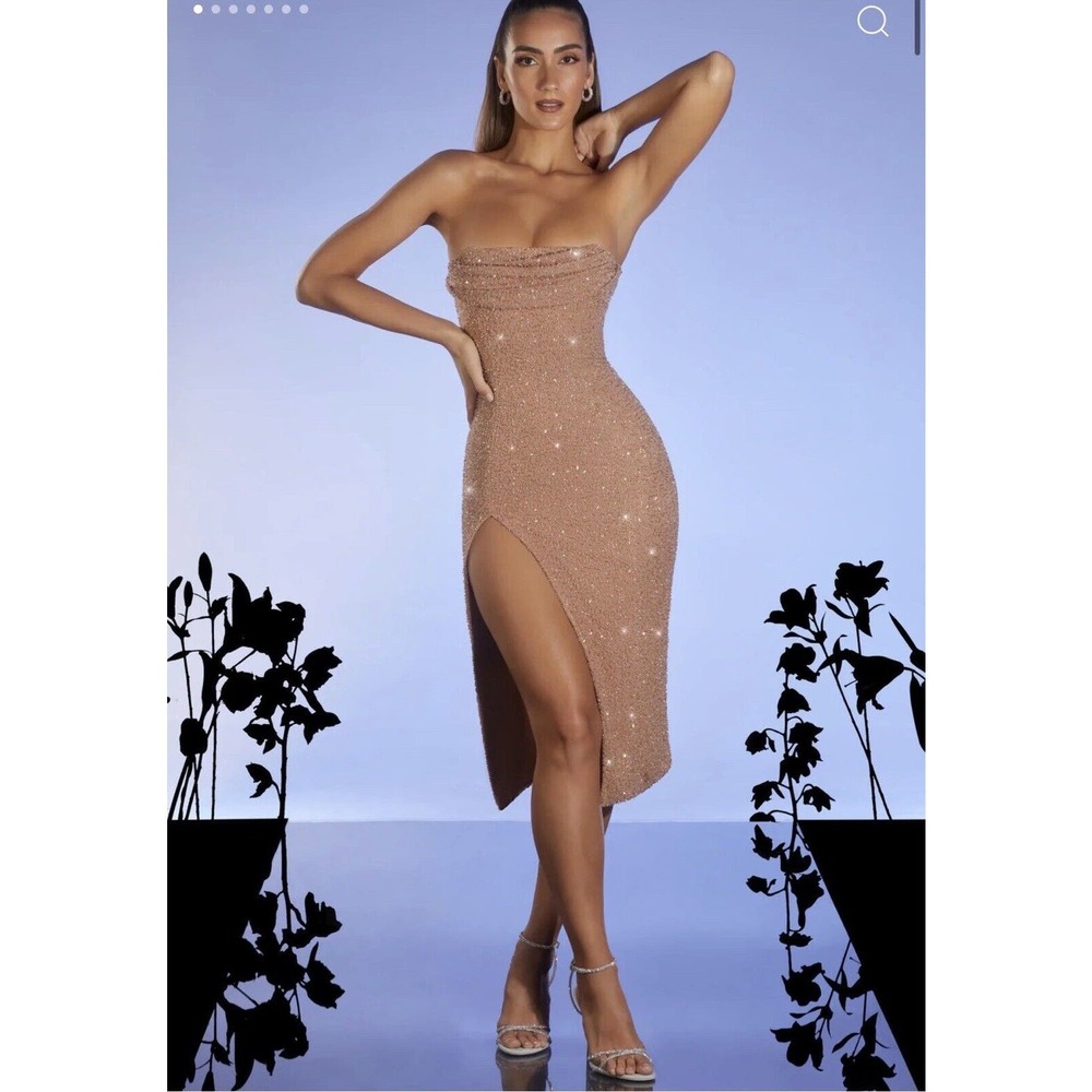 NWT Oh Polly VERBIER Embellished Bandeau Cowl Neck Midi Dress in Nude sz 10 US
